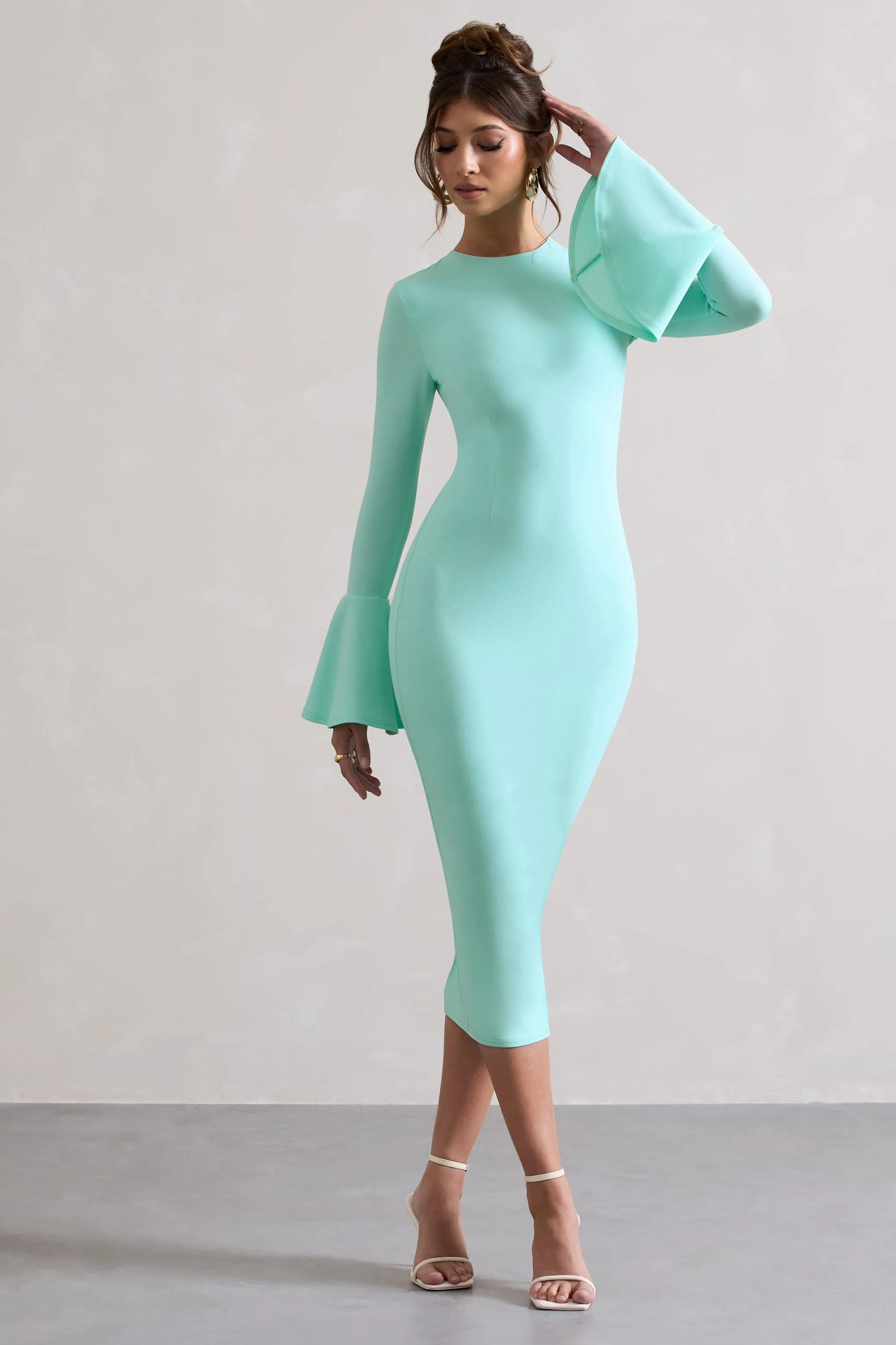 Rhyanne | Mint Bodycon Flared-Sleeve Midi Dress sold by Club L London product image thumbnail 4