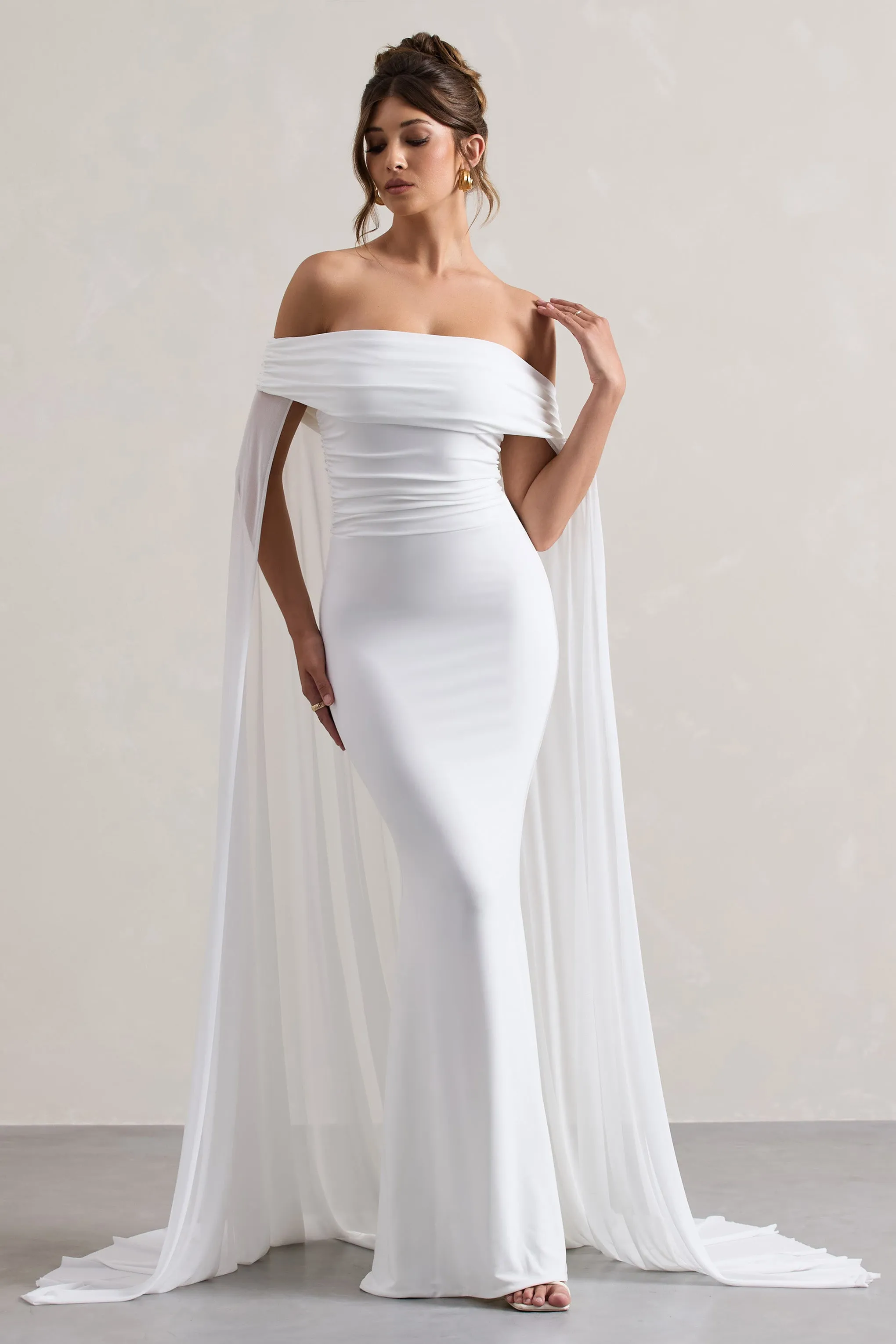 Carlotta | White Bardot Maxi Dress With Chiffon Cape sold by Club L London
