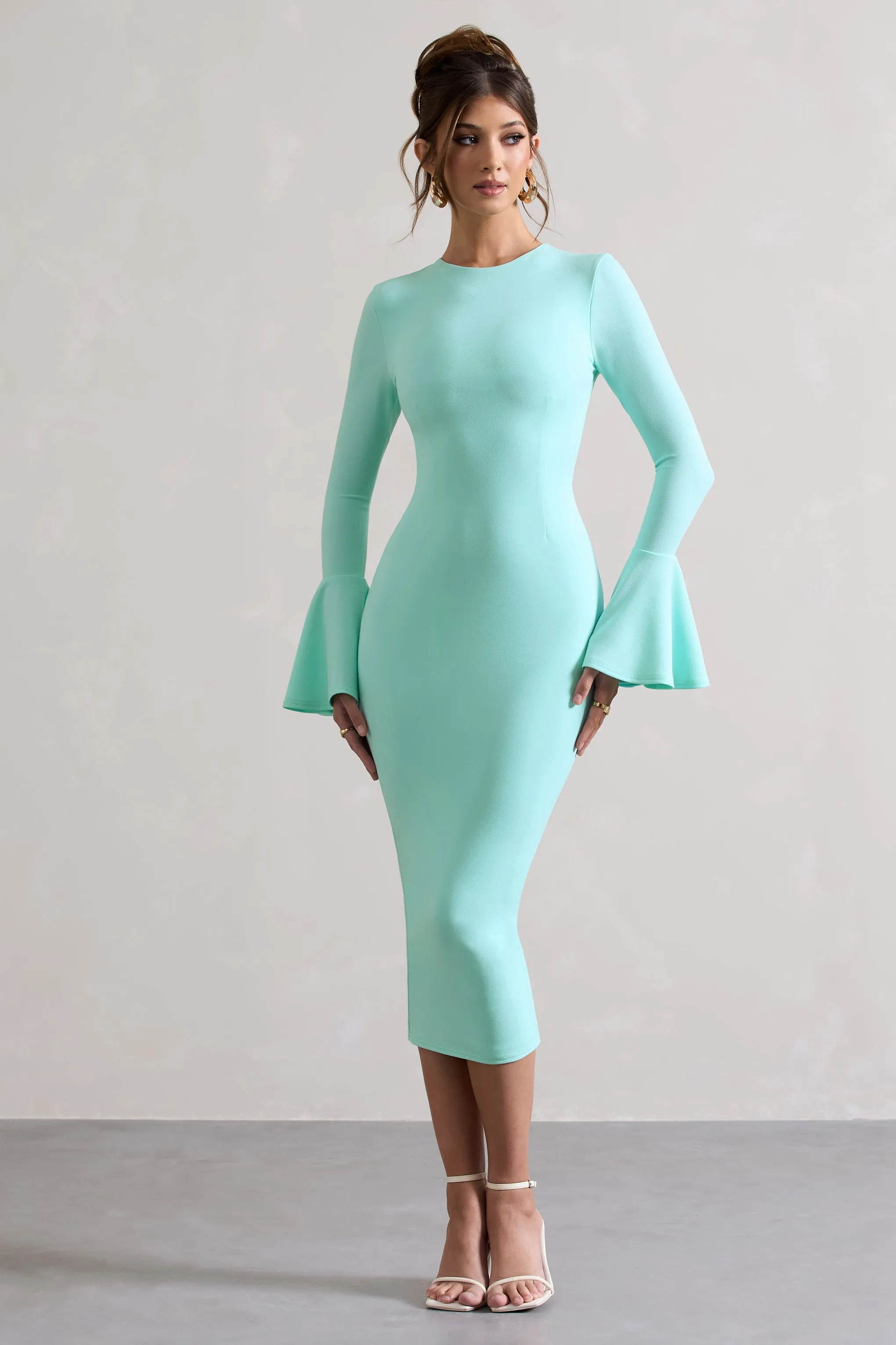 Rhyanne | Mint Bodycon Flared-Sleeve Midi Dress sold by Club L London