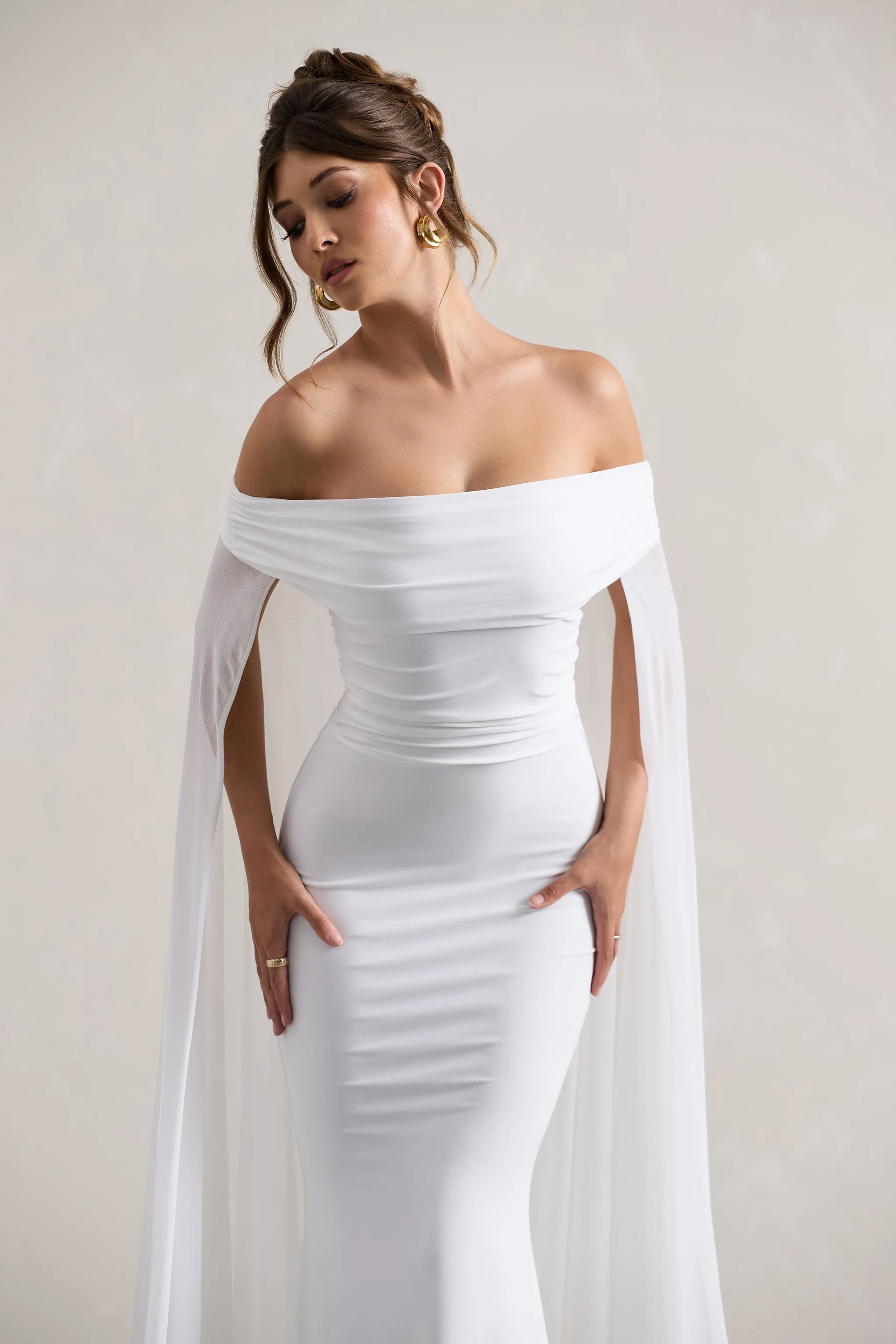 Carlotta | White Bardot Maxi Dress With Chiffon Cape sold by Club L London product image thumbnail 3