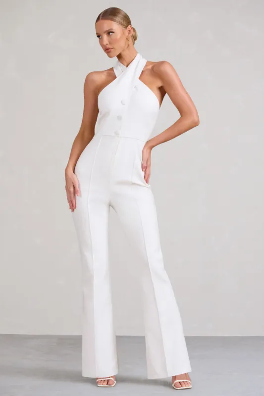Don't Cross Me | White Halter Neck Tailored Buttoned Sleeveless Jumpsuit sold by Club L London