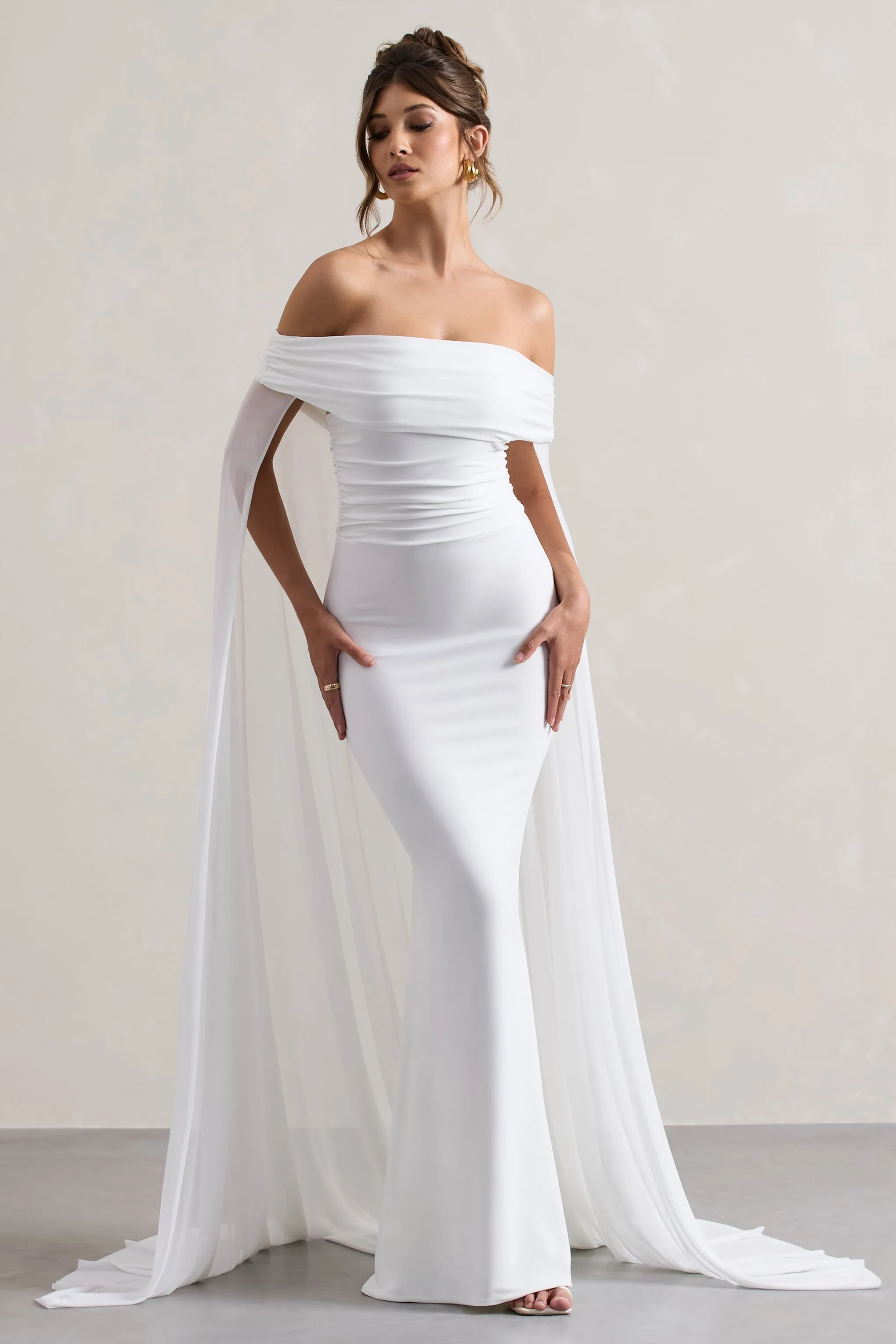 Carlotta | White Bardot Maxi Dress With Chiffon Cape sold by Club L London product image thumbnail 5