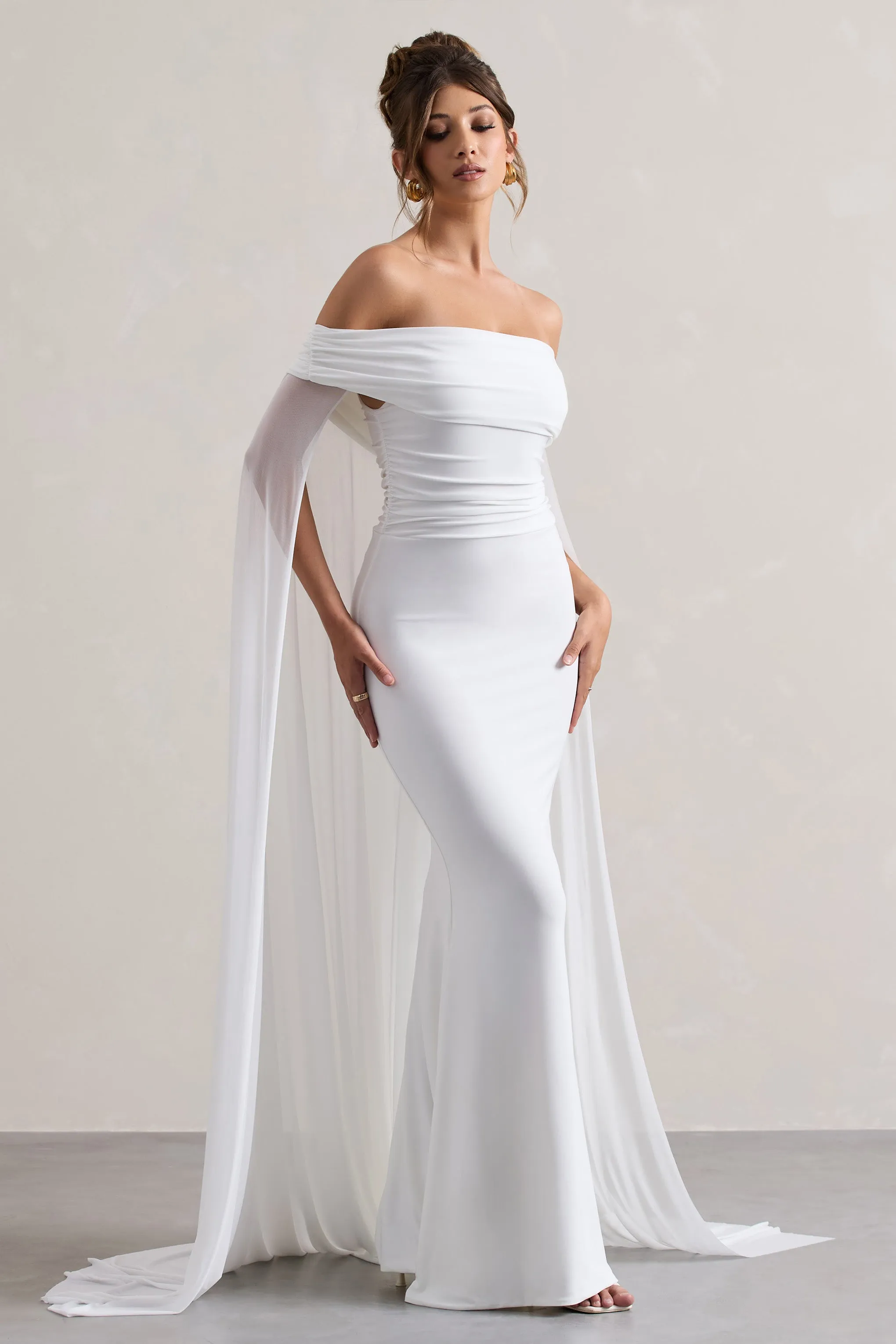 Carlotta | White Bardot Maxi Dress With Chiffon Cape sold by Club L London product image thumbnail 4
