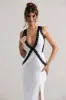 Cirilla | White Plunge-Neck Split Maxi Dress With Lace Detail sold by Club L London
