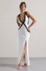 Cirilla | White Plunge-Neck Split Maxi Dress With Lace Detail sold by Club L London