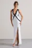 Cirilla | White Plunge-Neck Split Maxi Dress With Lace Detail sold by Club L London