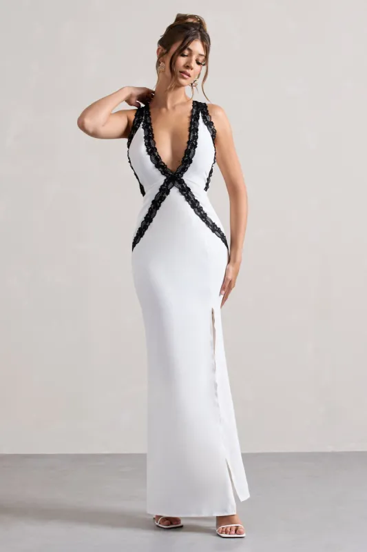 Cirilla | White Plunge-Neck Split Maxi Dress With Lace Detail sold by Club L London