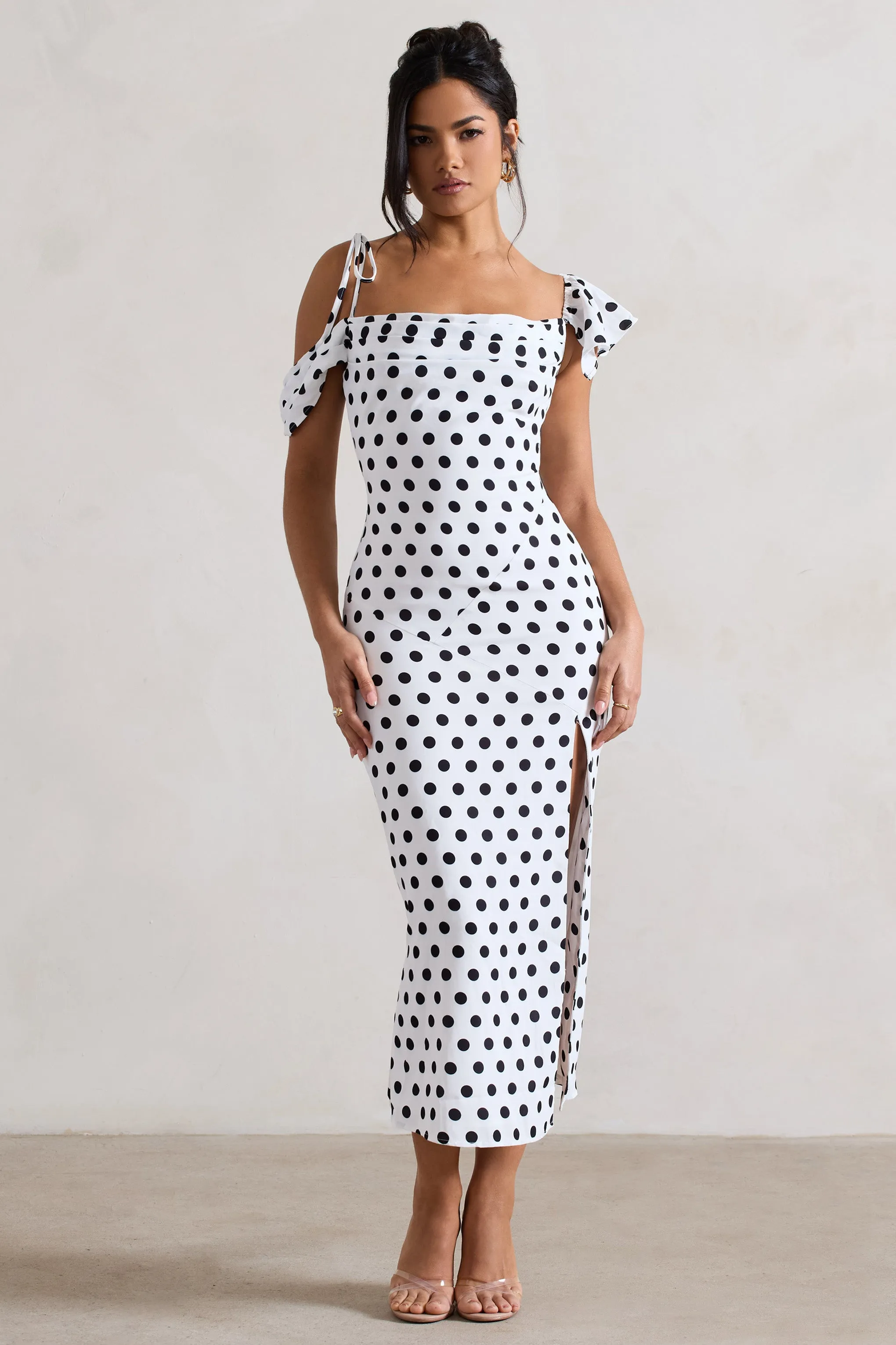 Palermo | White Polka Dot Asymmetric Draped Split Midi Dress sold by Club L London