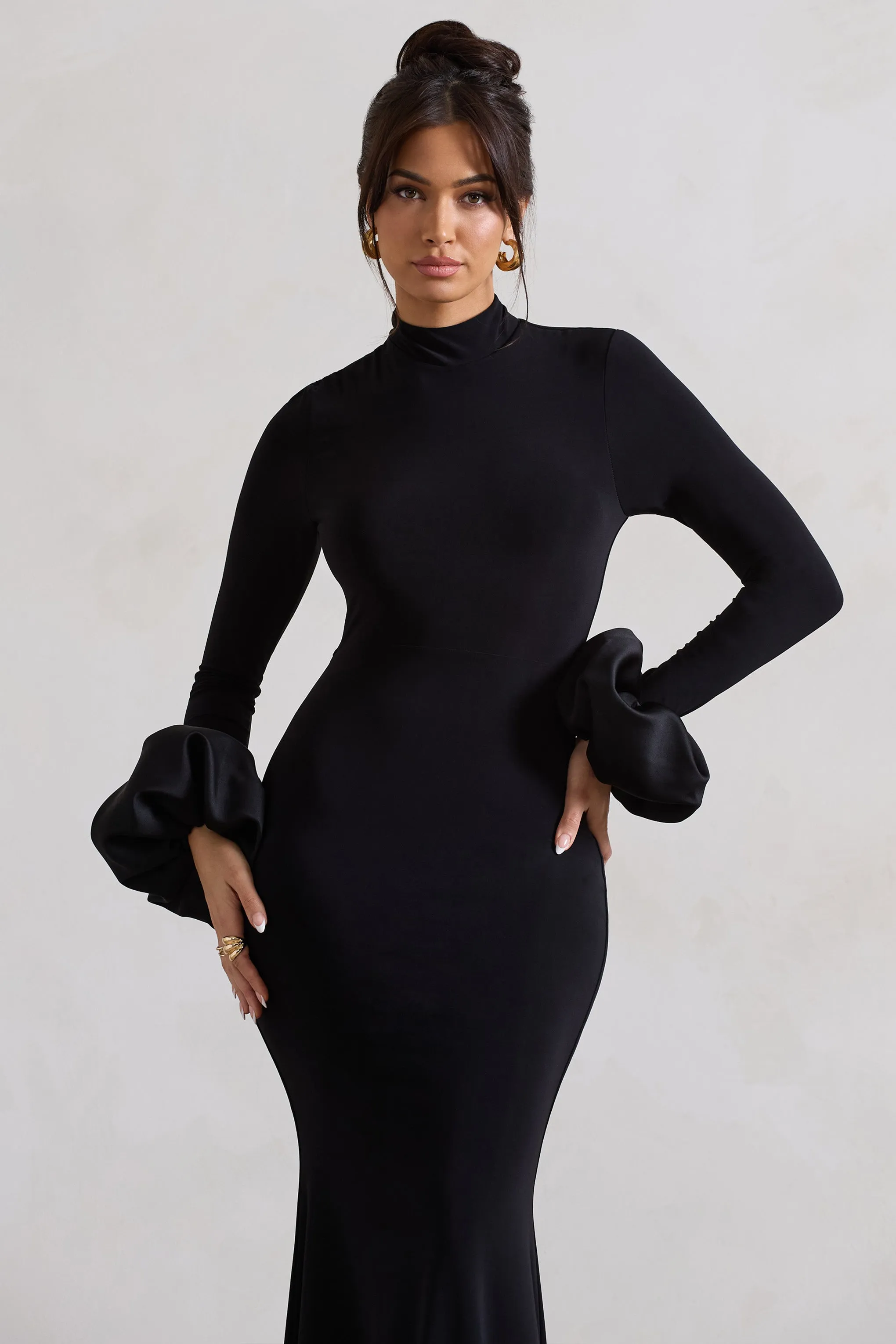 Mystic | Black High-Neck Maxi Dress With Satin Cuffs sold by Club L London product image thumbnail 4