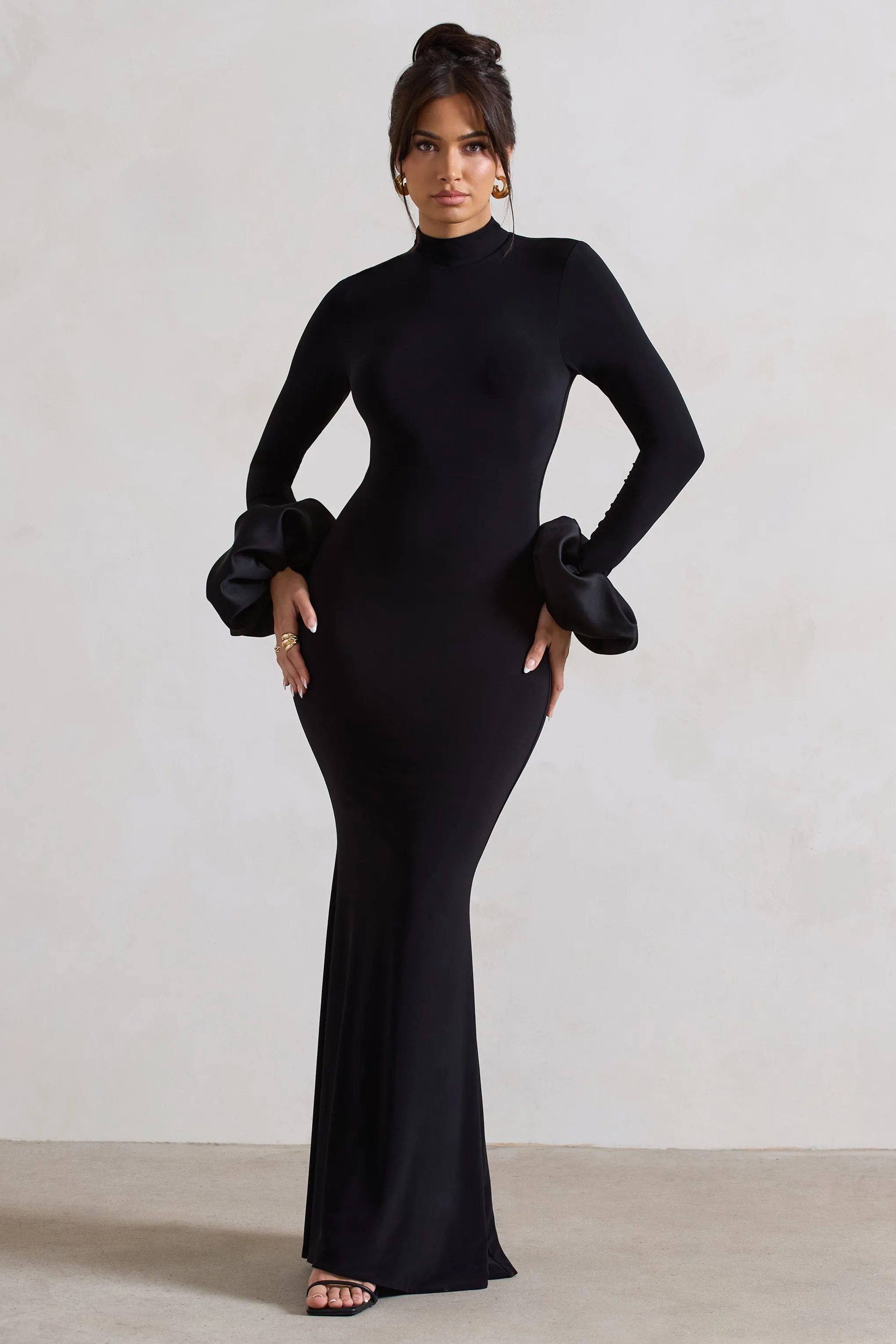Mystic | Black High-Neck Maxi Dress With Satin Cuffs sold by Club L London product image thumbnail 2