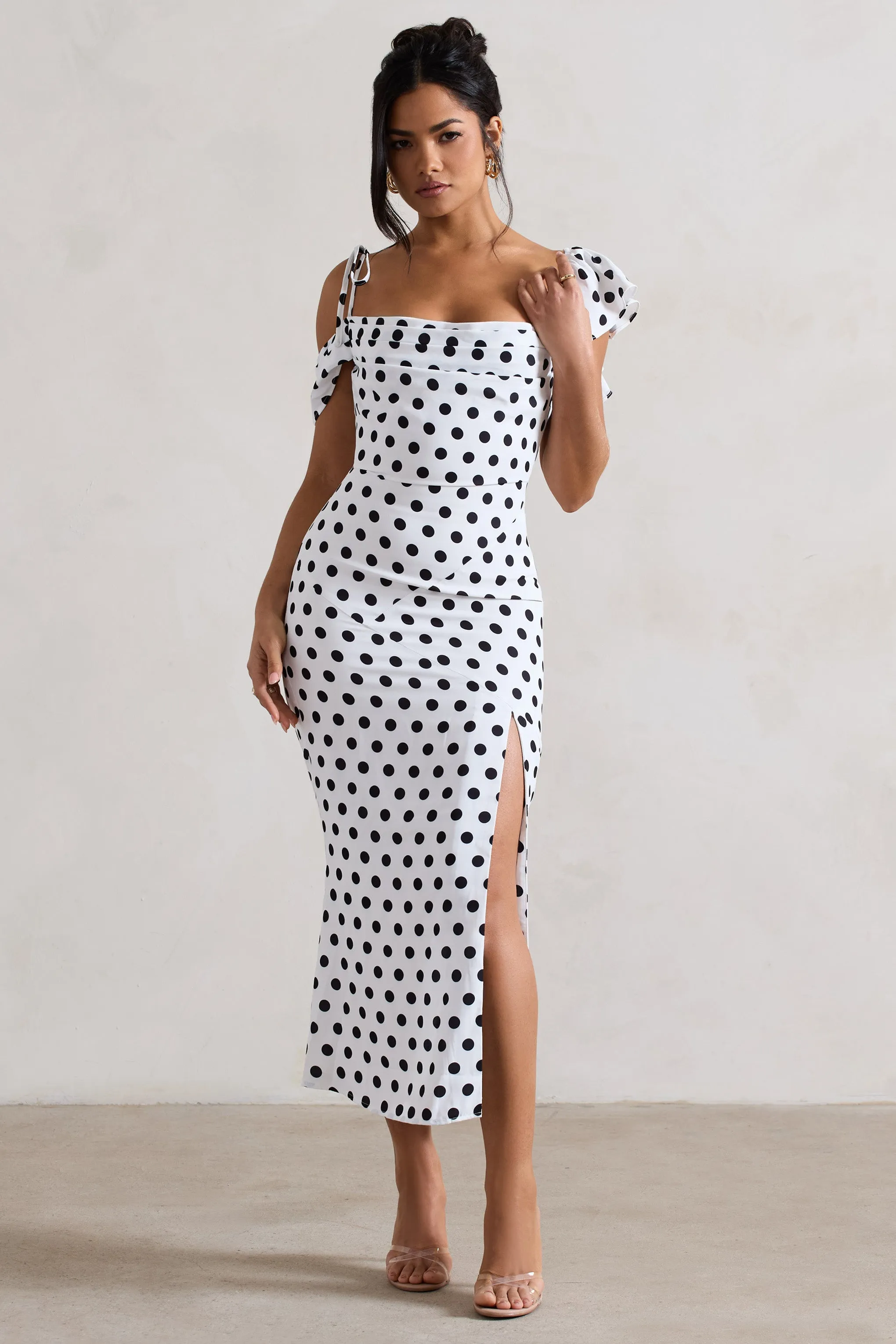 Palermo | White Polka Dot Asymmetric Draped Split Midi Dress sold by Club L London product image thumbnail 5