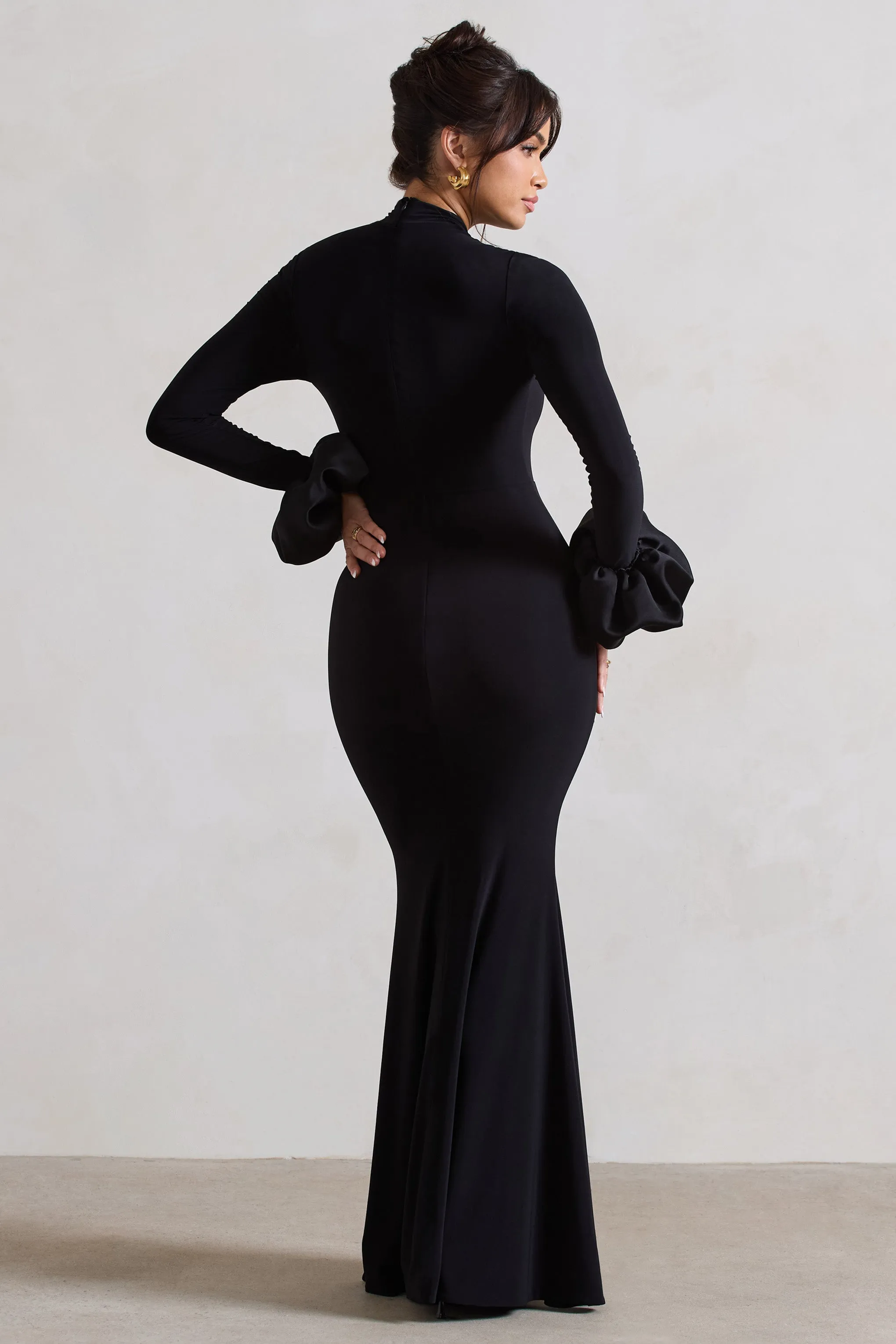 Mystic | Black High-Neck Maxi Dress With Satin Cuffs sold by Club L London product image thumbnail 3