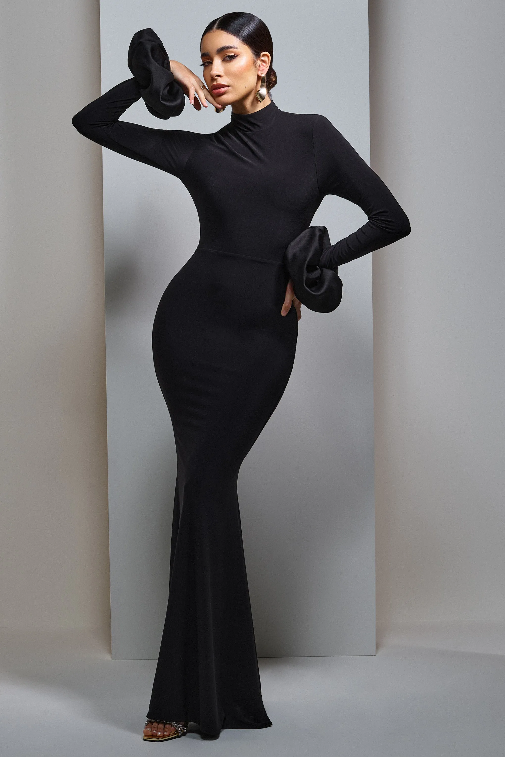 Mystic | Black High-Neck Maxi Dress With Satin Cuffs sold by Club L London