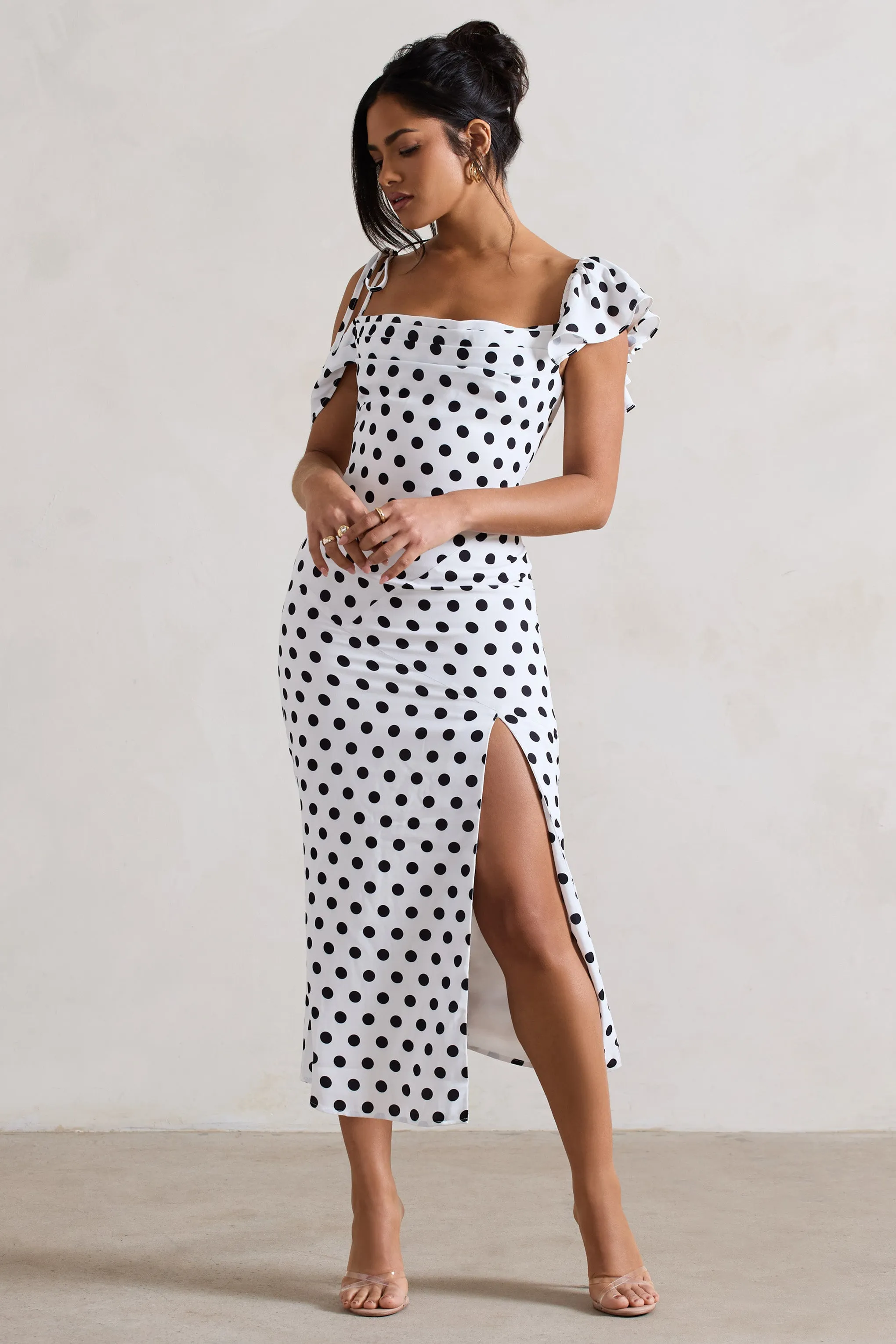 Palermo | White Polka Dot Asymmetric Draped Split Midi Dress sold by Club L London product image thumbnail 4