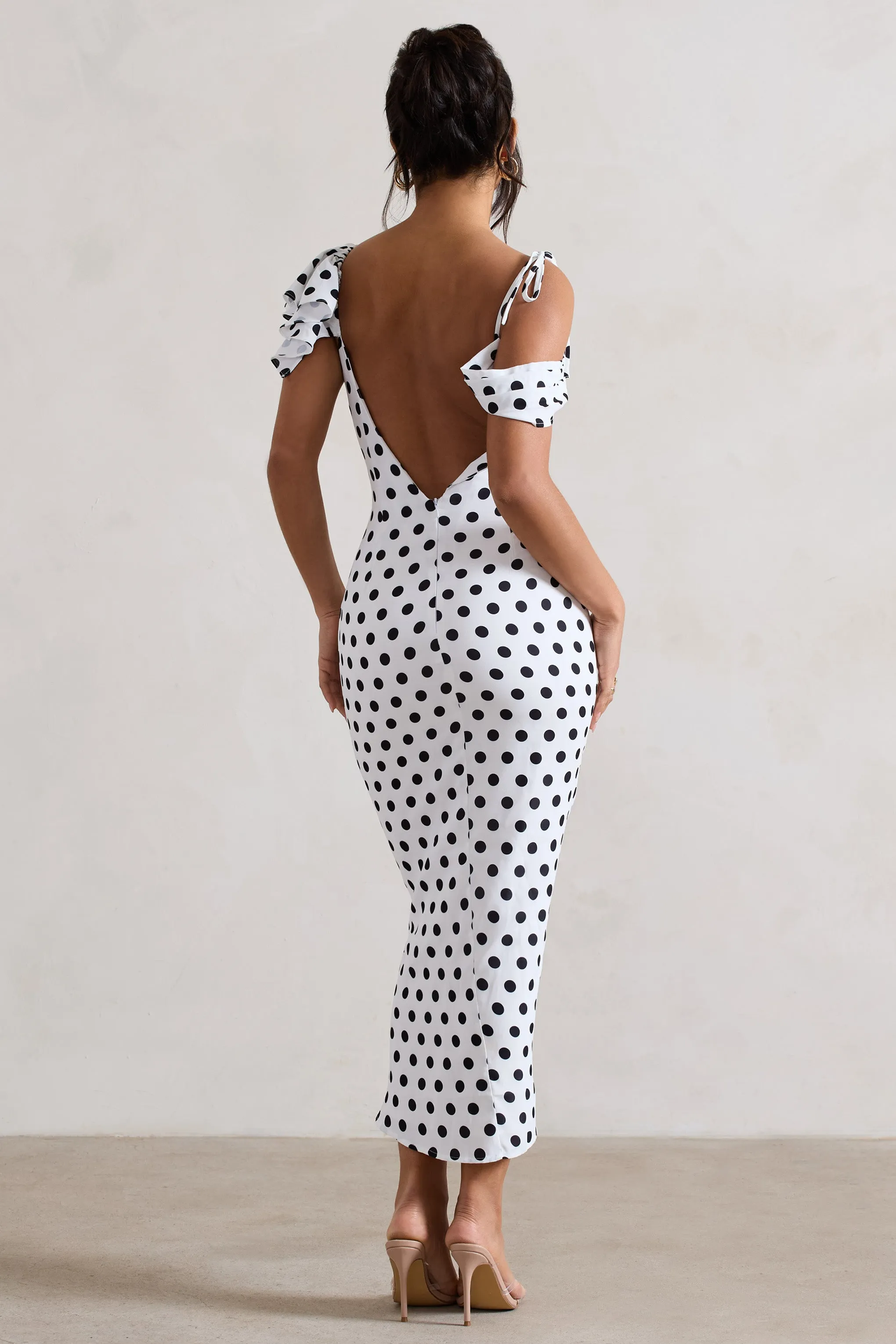 Palermo | White Polka Dot Asymmetric Draped Split Midi Dress sold by Club L London product image thumbnail 2