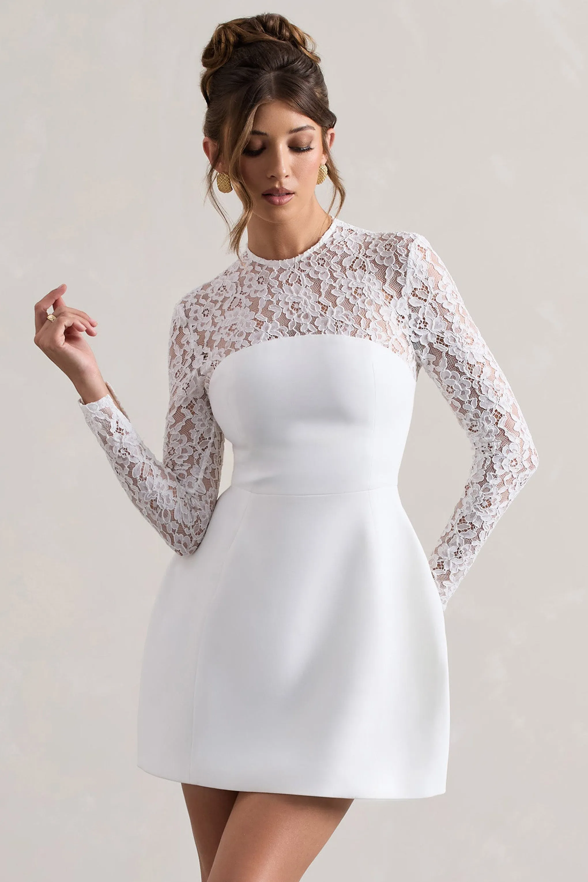 Birdie | White Lace Long-Sleeve Mini Dress sold by Club L London