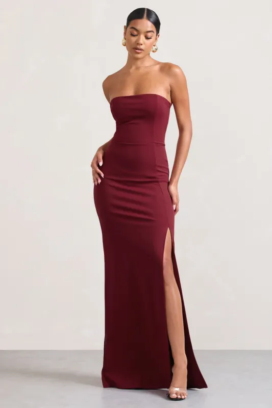 Belle of The Ball | Berry Bandeau Maxi Dress With Split Hem sold by Club L London