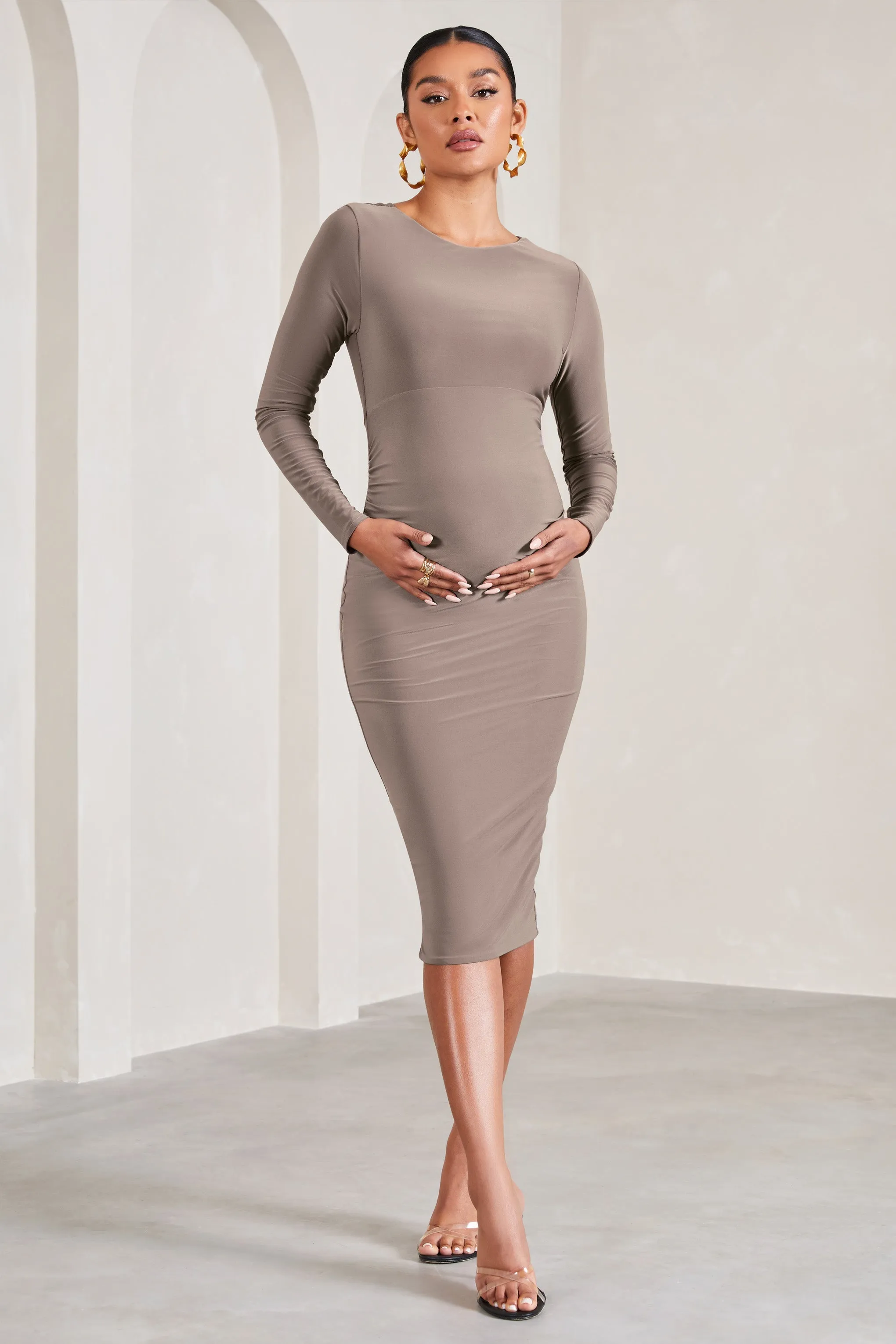 Embrace | Mocha Long-Sleeved Maternity Midi Dress sold by Club L London product image thumbnail 3