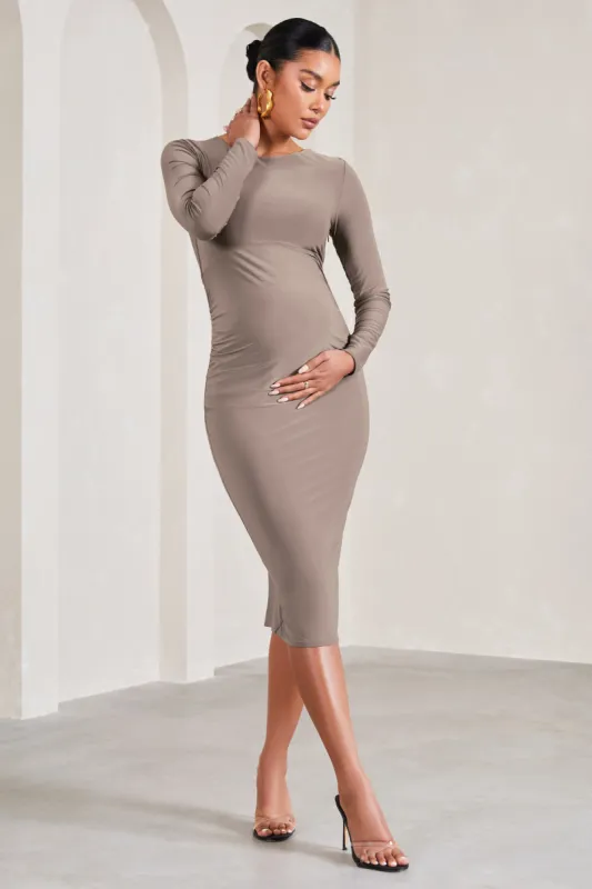 Embrace | Mocha Long-Sleeved Maternity Midi Dress sold by Club L London