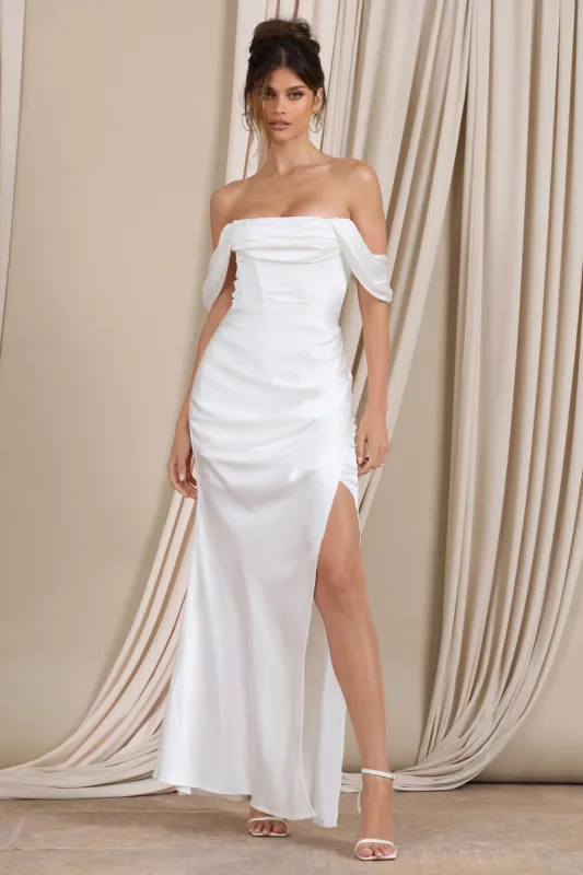 Kimberly | White Bardot Fishtail Satin Maxi Dress sold by Club L London