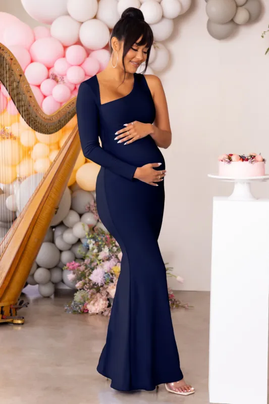 Oh Baby | Navy Maternity One Shoulder Bodycon Maxi Dress sold by Club L London