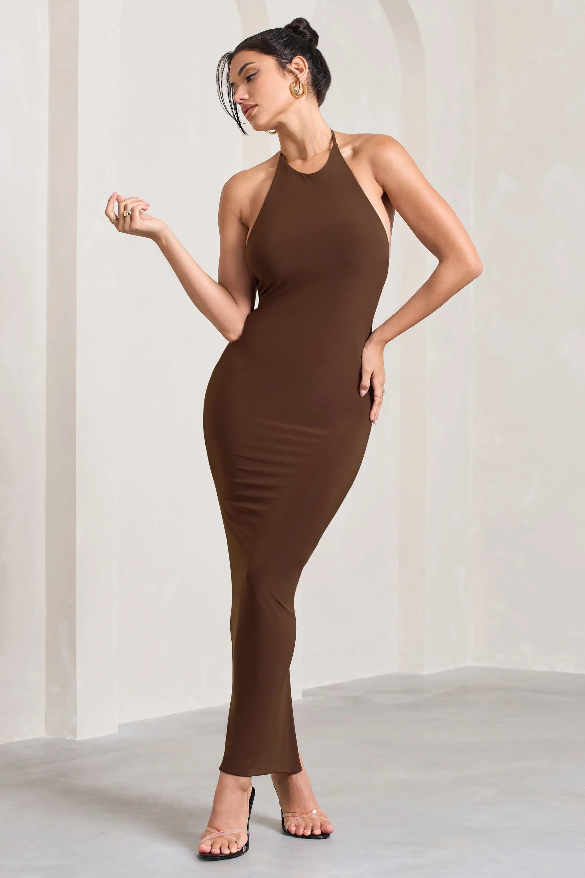 Kirsten | Chocolate Sleeveless Halter-Neck Open-Back Knot Maxi Dress sold by Club L London product image thumbnail 5
