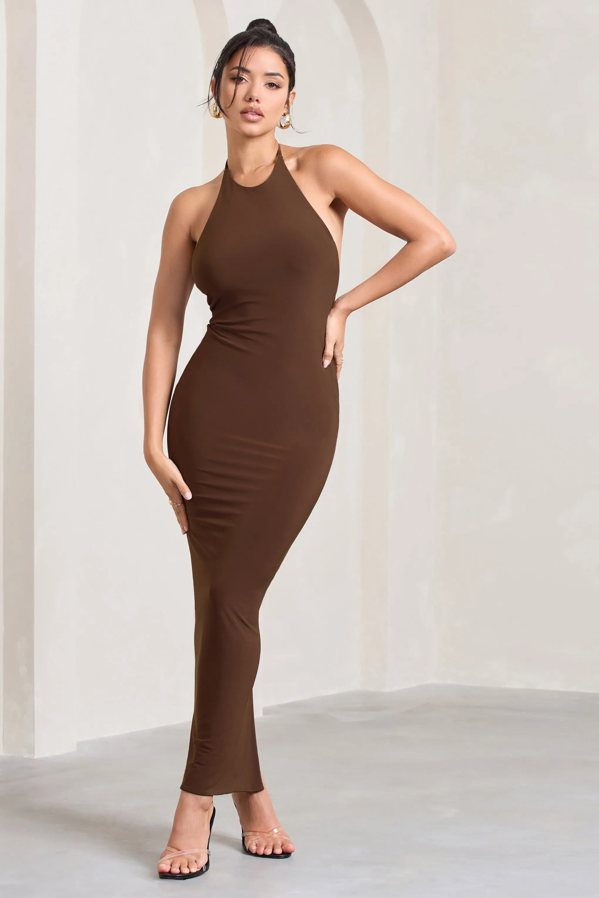 Kirsten | Chocolate Sleeveless Halter-Neck Open-Back Knot Maxi Dress sold by Club L London product image thumbnail 4