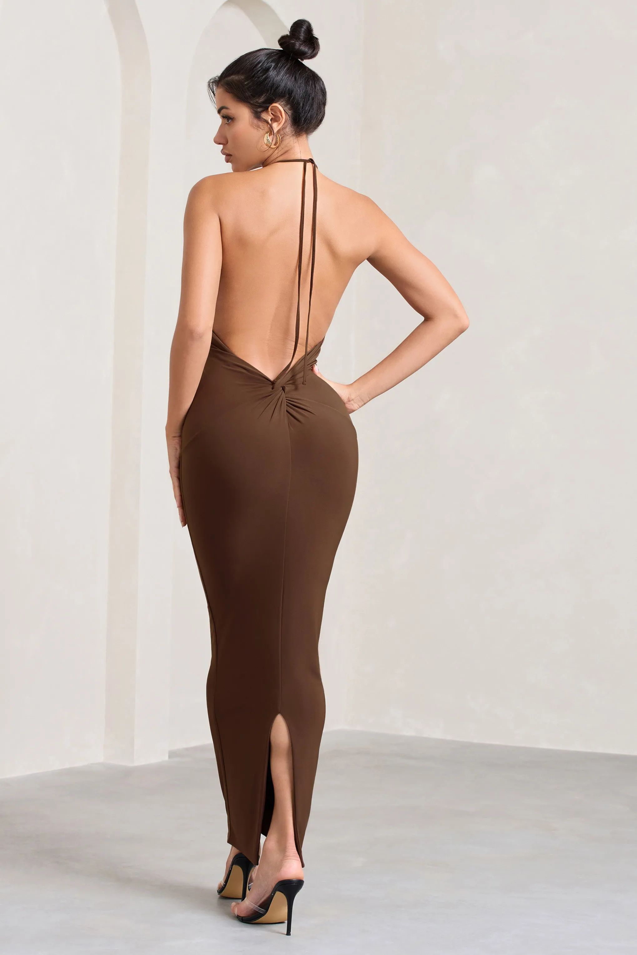 Kirsten | Chocolate Sleeveless Halter-Neck Open-Back Knot Maxi Dress sold by Club L London product image thumbnail 2