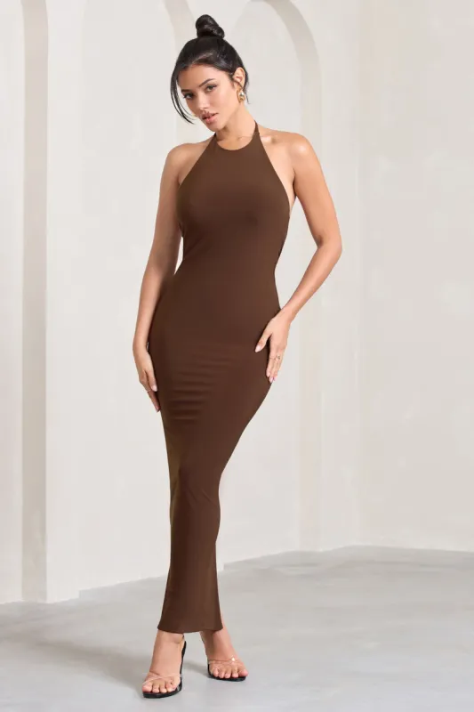 Kirsten | Chocolate Sleeveless Halter-Neck Open-Back Knot Maxi Dress made by Club L London