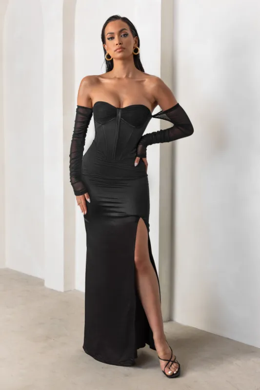 My Prize | Black Satin Bardot Mesh Long Sleeves Maxi Dress With Thigh Split sold by Club L London