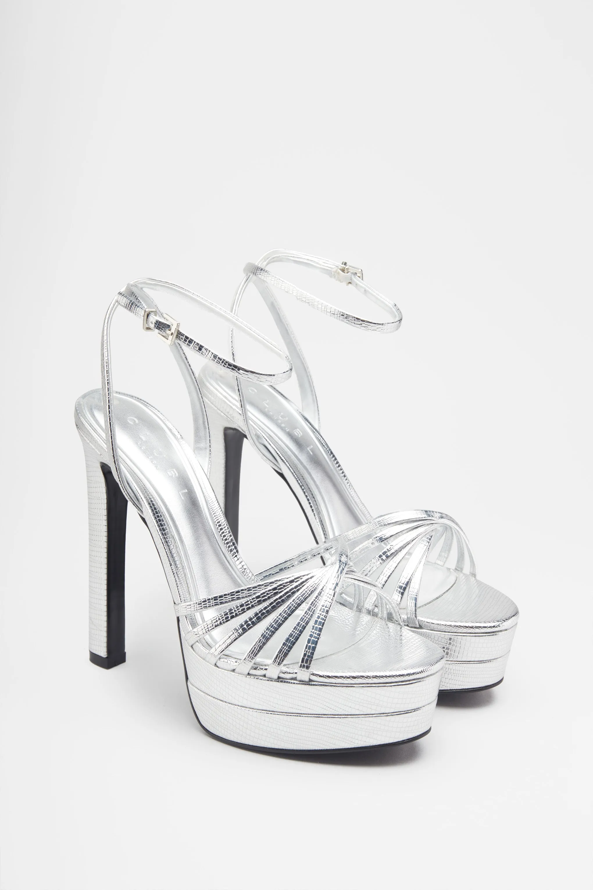 Mirror Mirror | Silver Snakeskin Strappy Heeled Platform Sandals sold by Club L London product image thumbnail 2