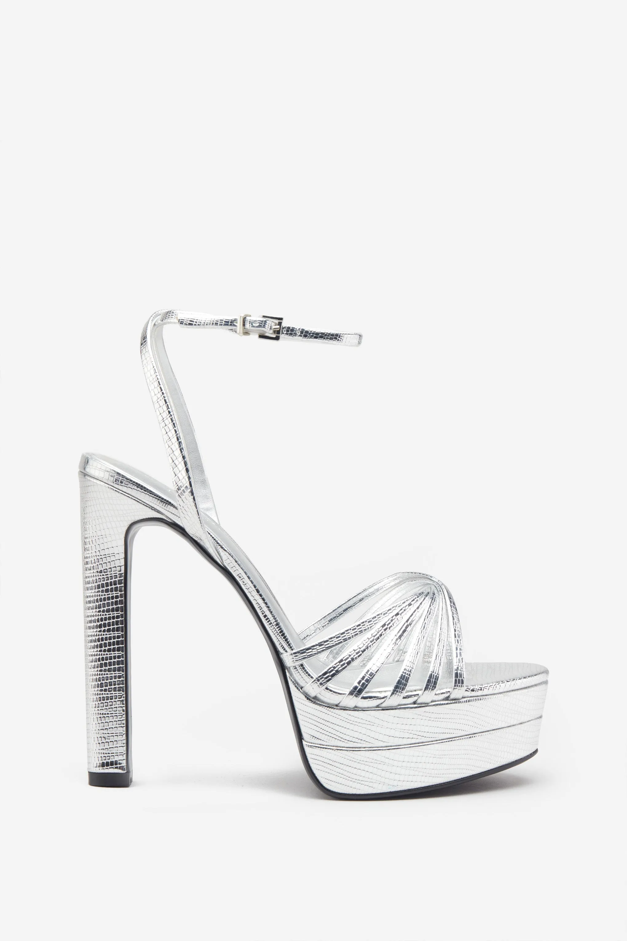 Mirror Mirror | Silver Snakeskin Strappy Heeled Platform Sandals sold by Club L London