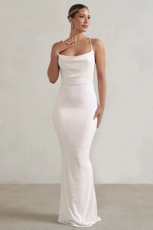Seeing Stars | White Cowl Cami Sequin Maxi Dress With Waist Tie sold by Club L London