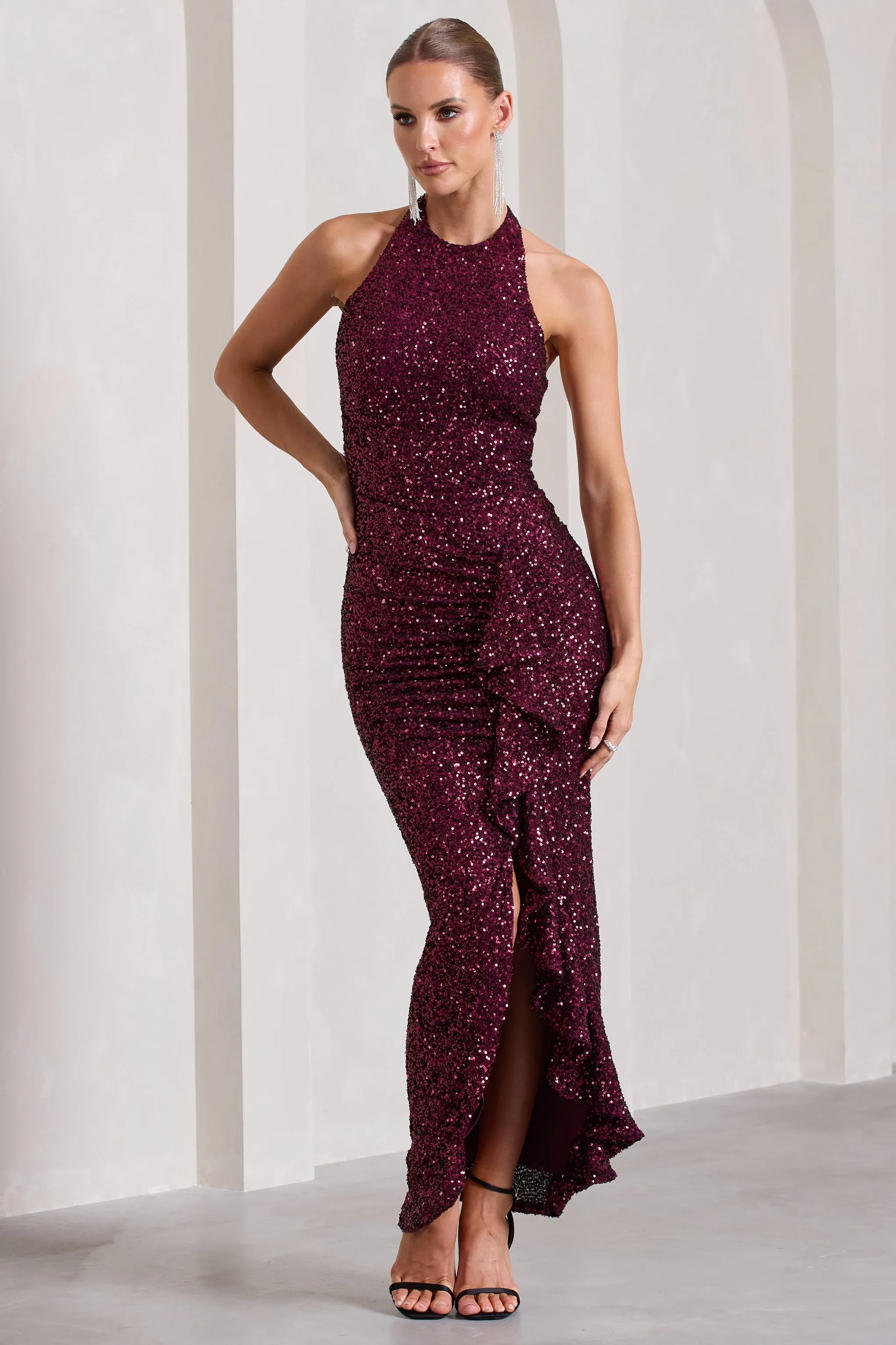 Under The Stars | Plum Sequin High-Neck Open-Back Maxi Dress With Drape sold by Club L London product image thumbnail 4