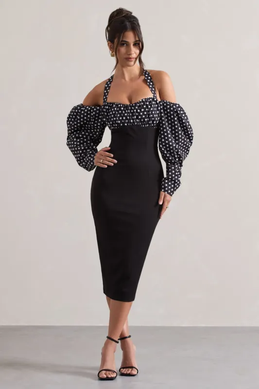 Couture Client | Black & White Polka Dot Halter-Neck Puff Sleeve Midi Dress sold by Club L London