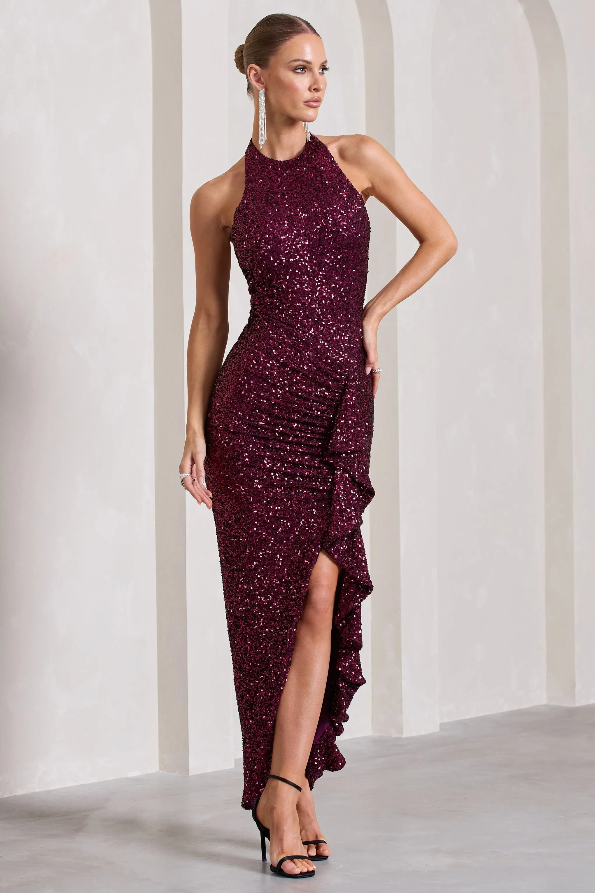 Under The Stars | Plum Sequin High-Neck Open-Back Maxi Dress With Drape sold by Club L London