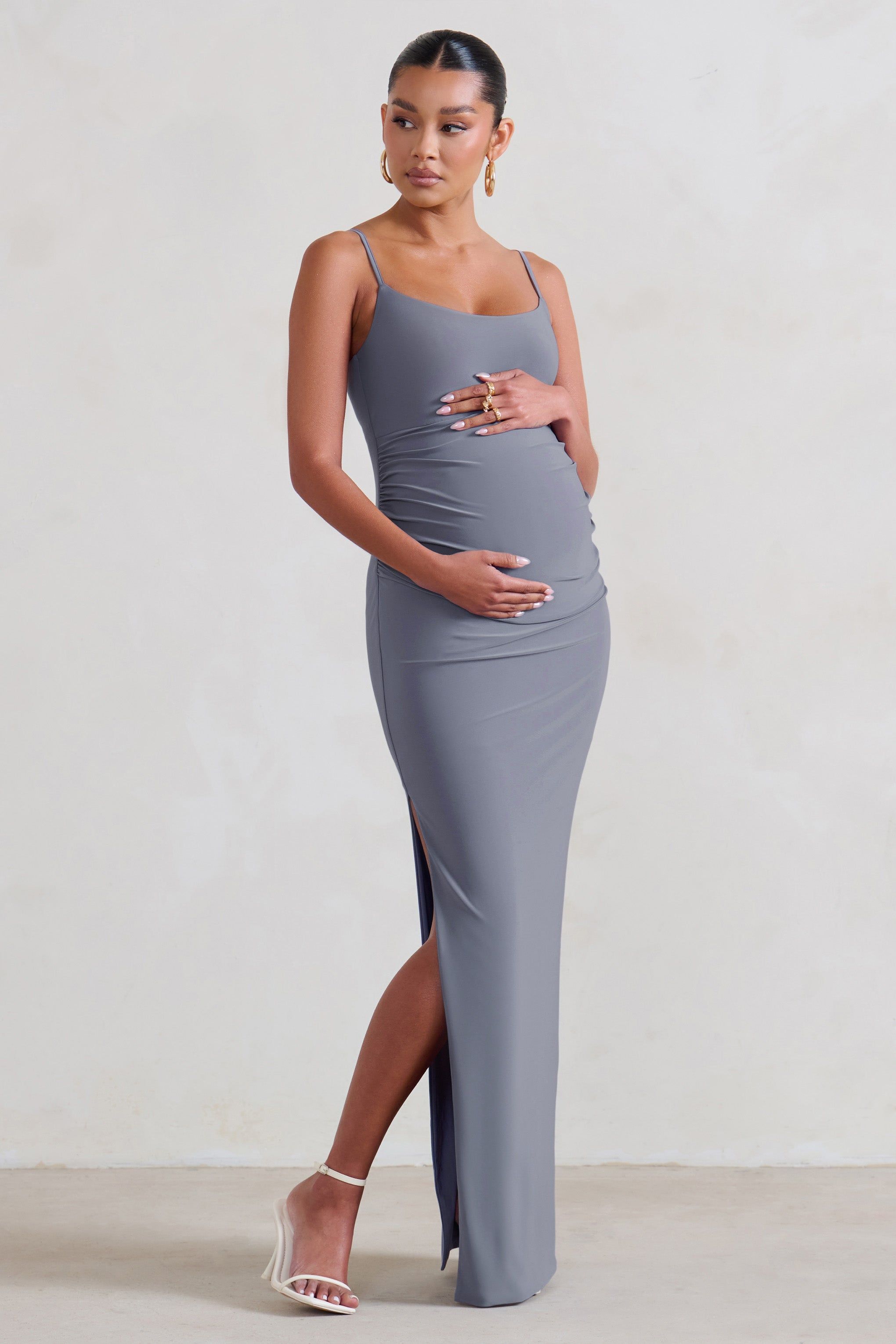 Aurelia | Grey Maternity Cami Maxi Dress With Split sold by Club L London product image thumbnail 4