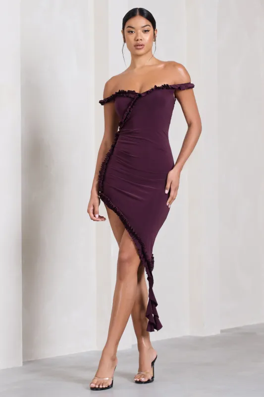 Deserted | Plum Bardot Frilled Asymmetric Midi Dress sold by Club L London