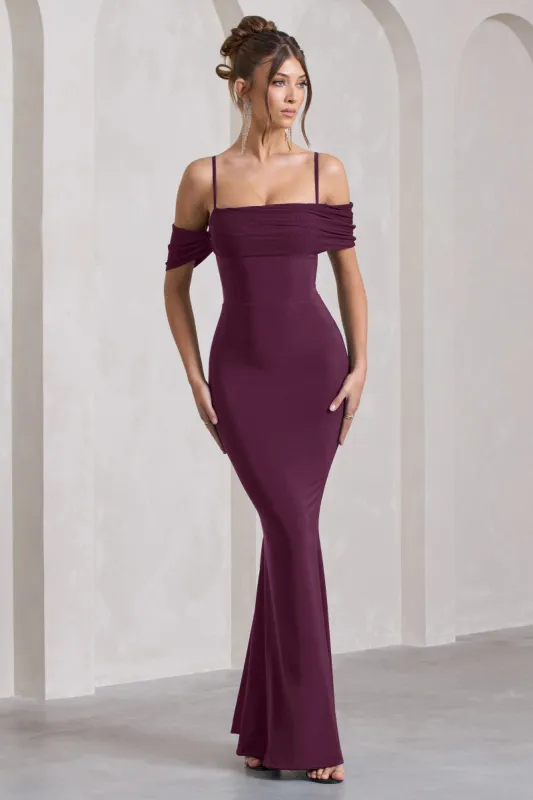 Miracle | Plum Strappy Mesh Bardot Maxi Dress sold by Club L London