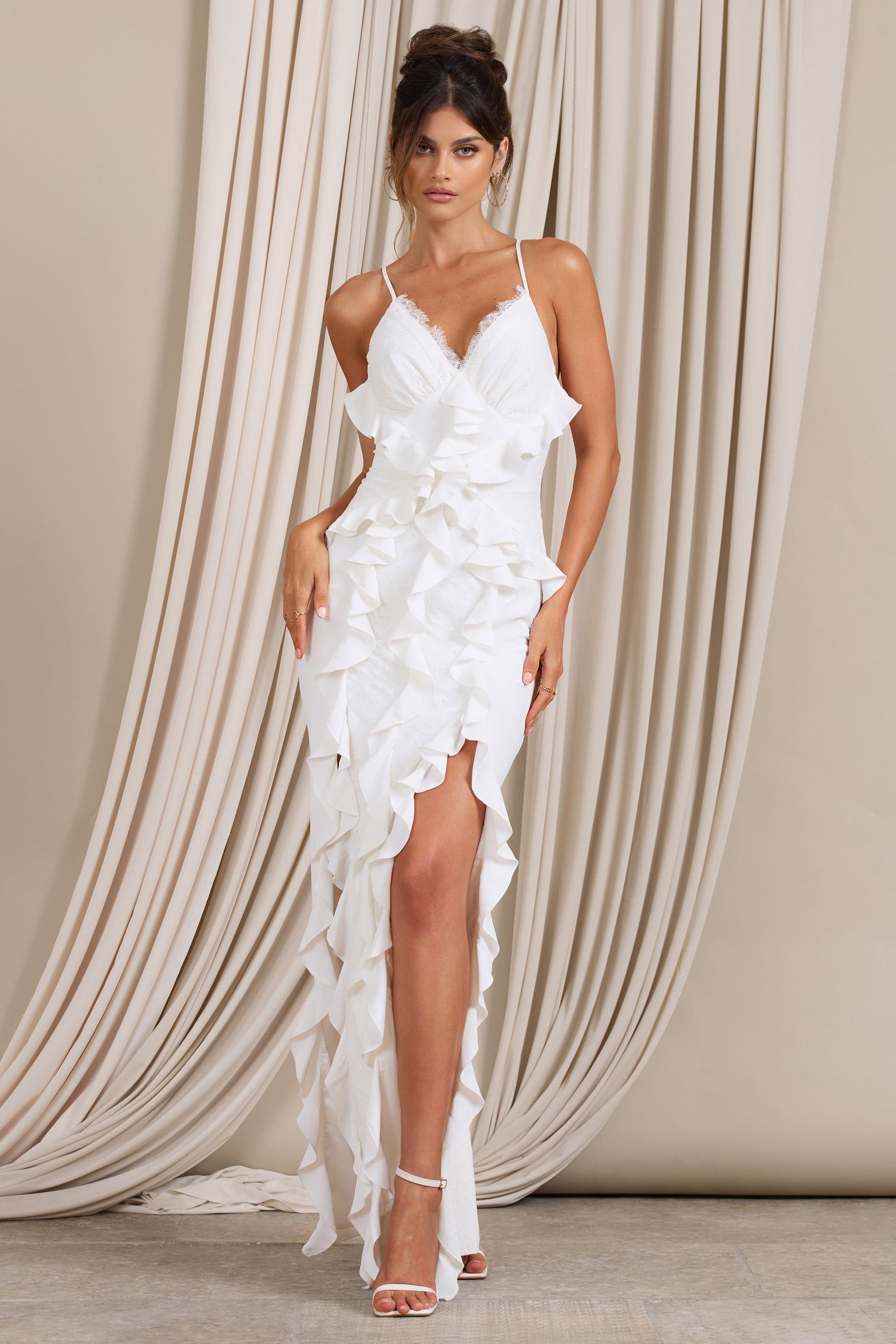 Clematis | White Lace Strappy Ruffled Maxi Dress sold by Club L London product image thumbnail 4