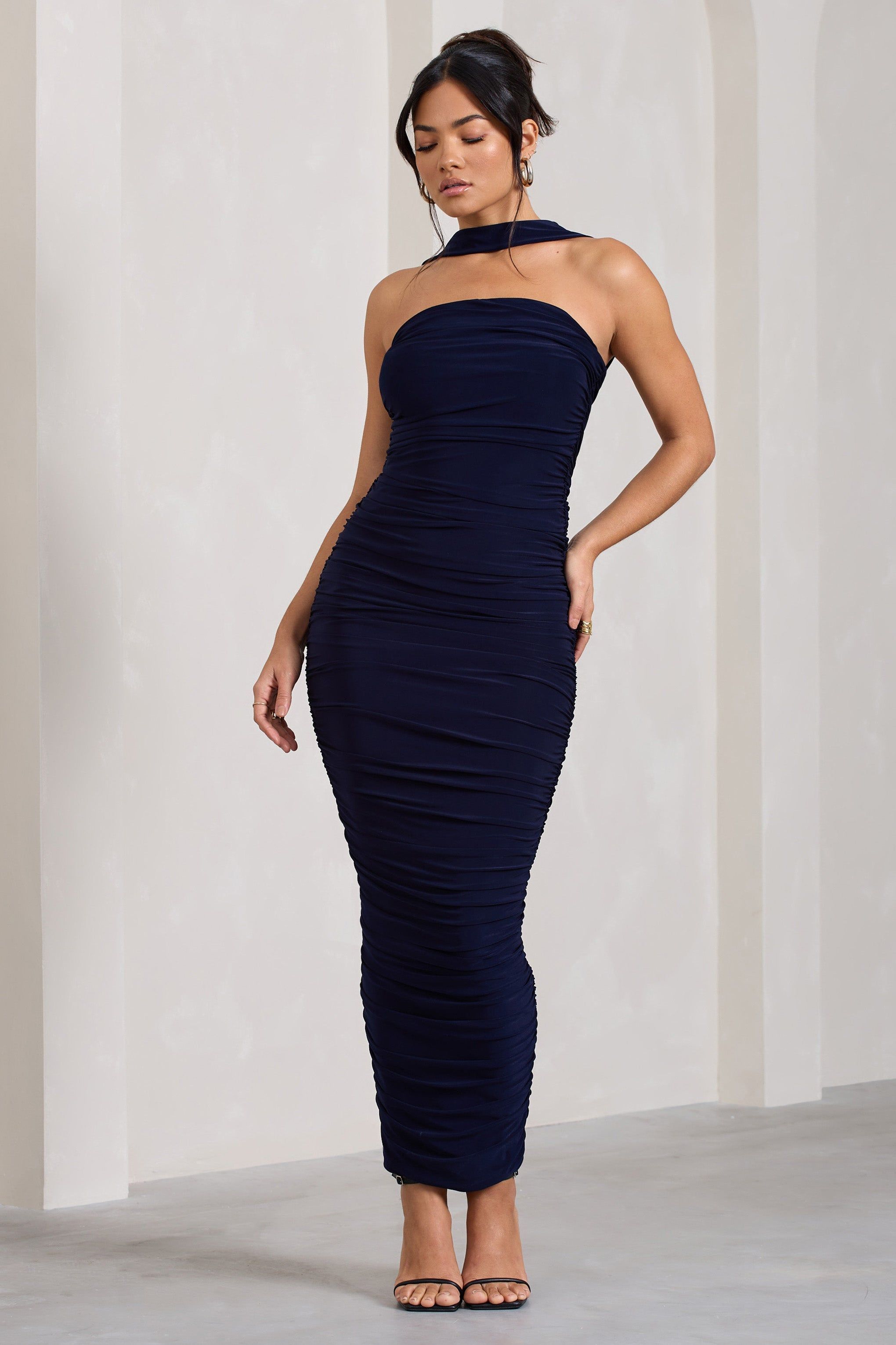Entranced | Navy Ruched Bandeau Midi Dress With Halter Collar sold by Club L London product image thumbnail 6