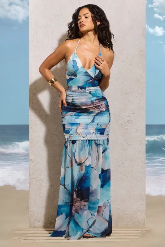 Clio | White Print Halter-Neck Chiffon Fishtail Maxi Dress sold by Club L London