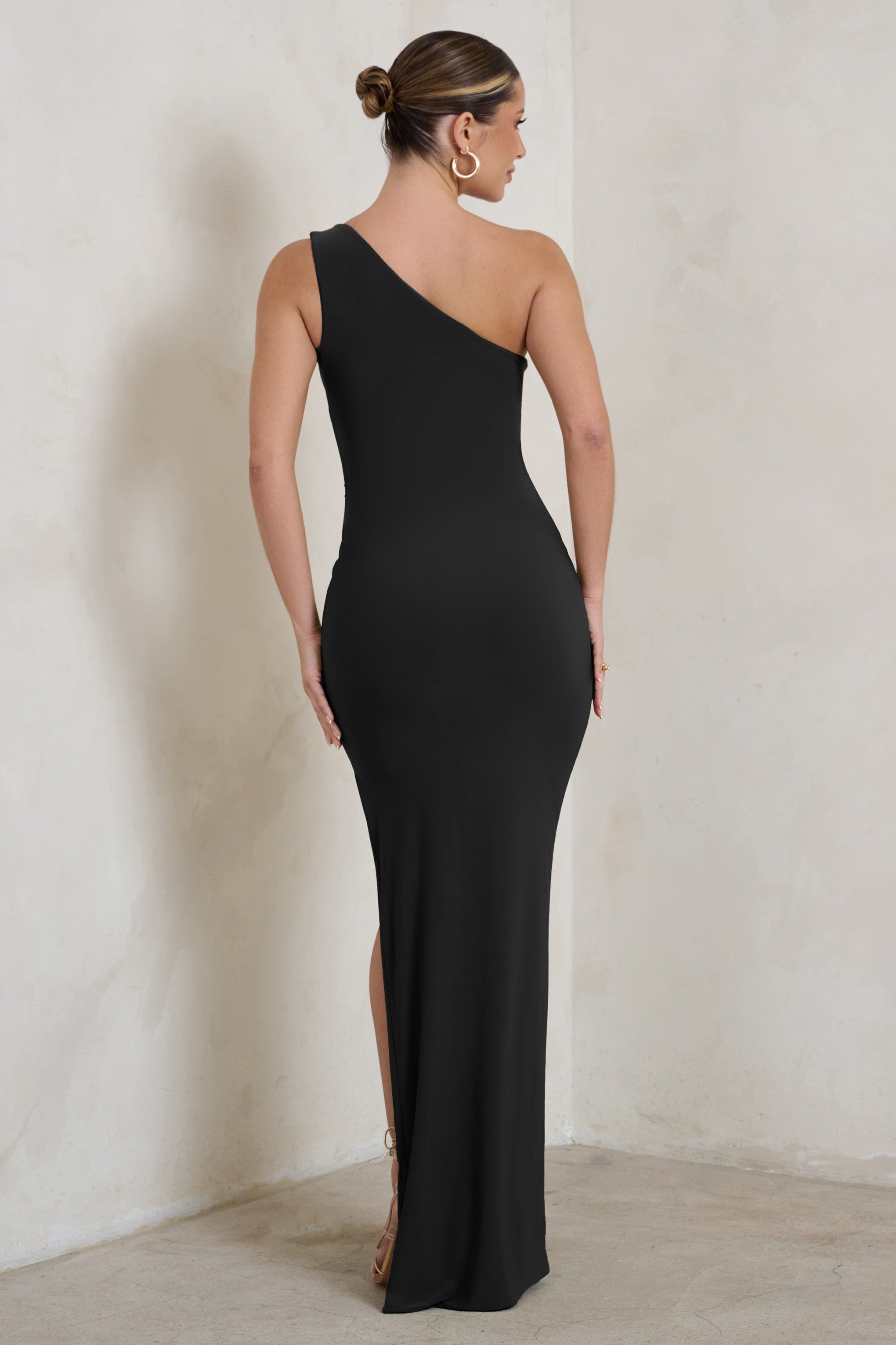 Kary | Black One Shoulder Thigh Split Maxi Dress sold by Club L London product image thumbnail 2