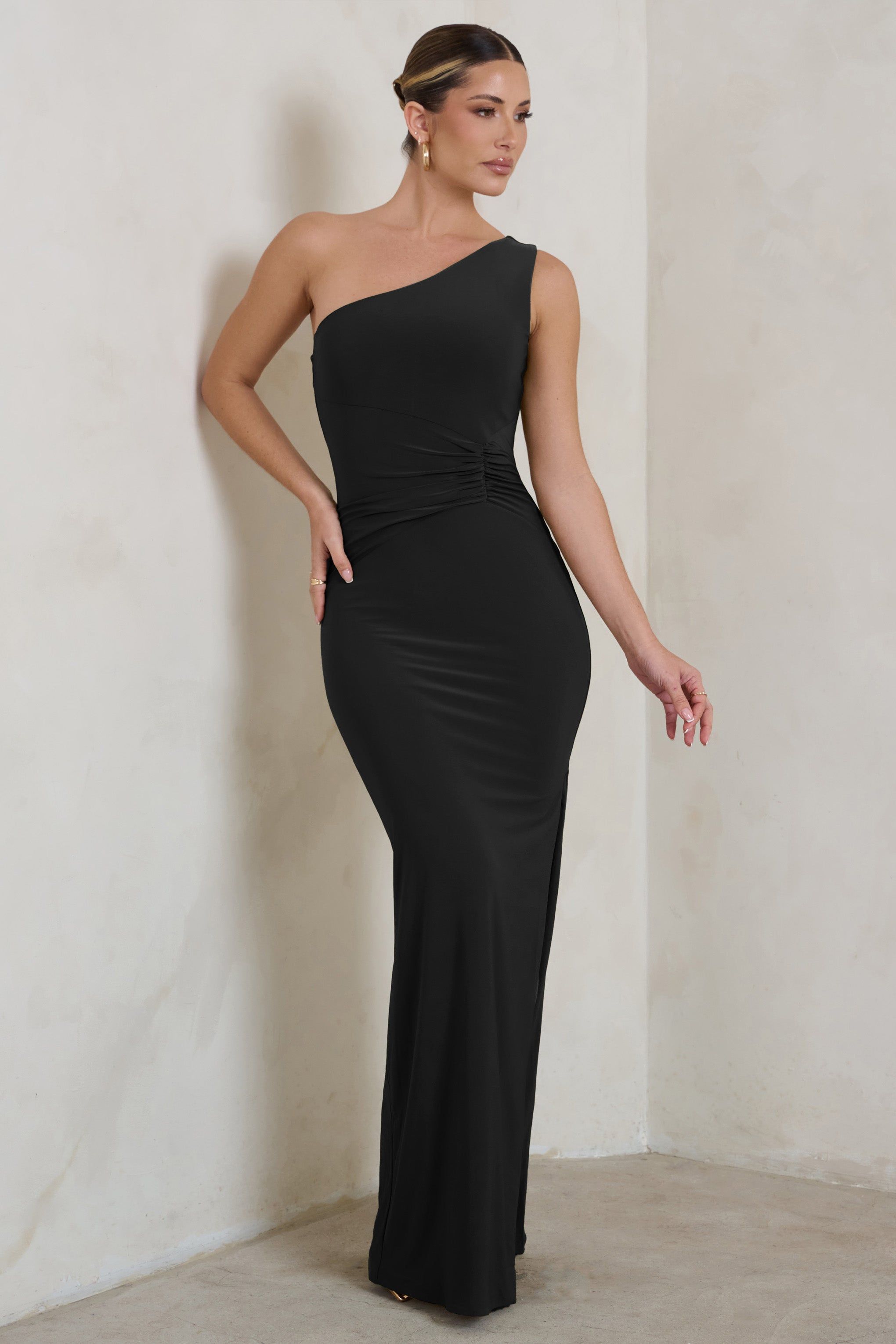 Kary | Black One Shoulder Thigh Split Maxi Dress sold by Club L London product image thumbnail 4