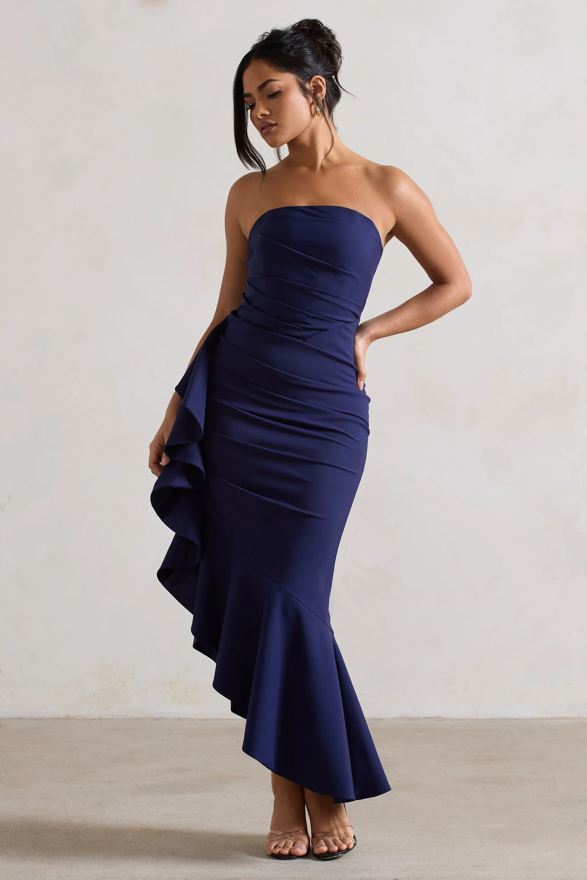 New Age | Navy Strapless Asymmetric Ruffled Maxi Dress sold by Club L London product image thumbnail 4