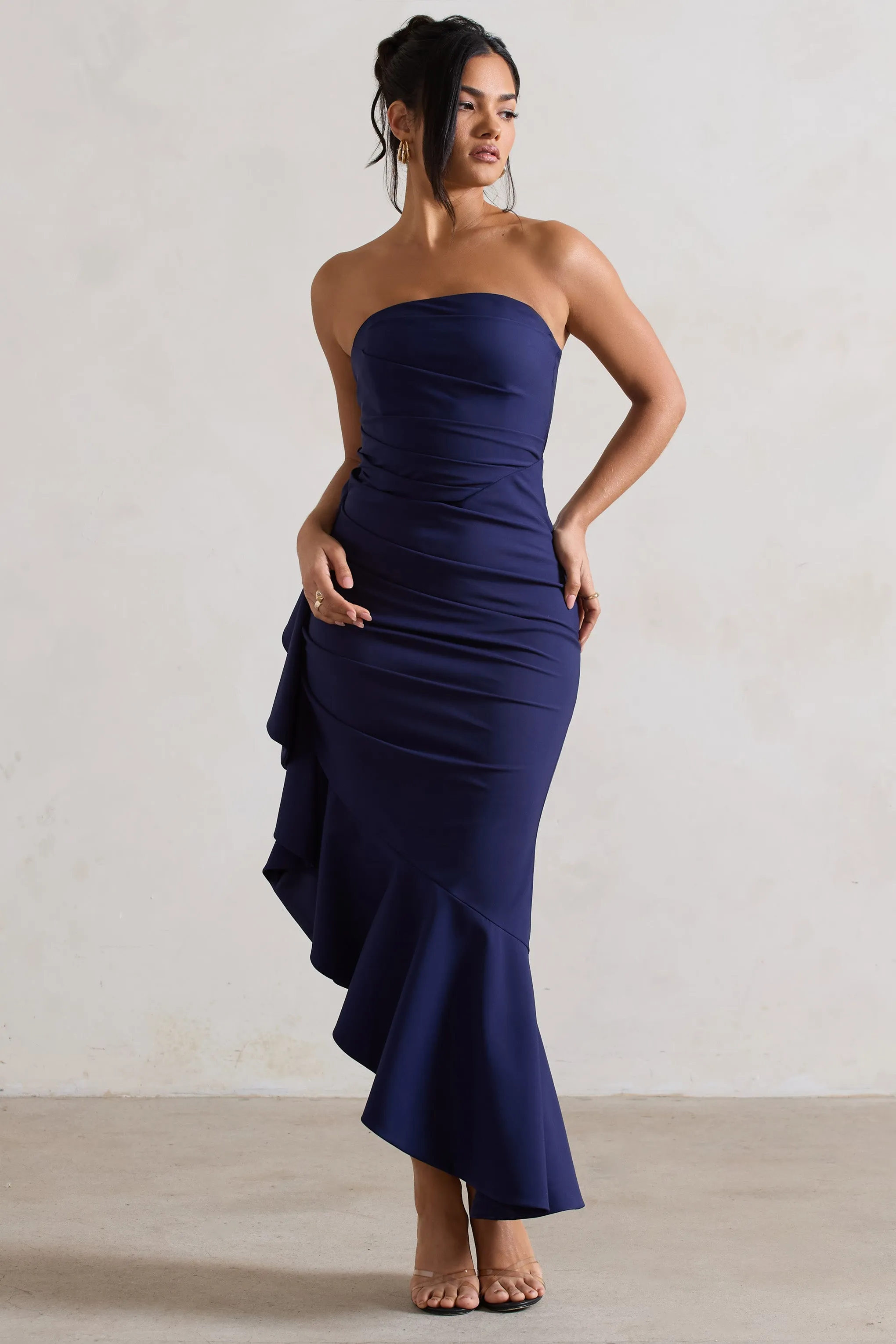 New Age | Navy Strapless Asymmetric Ruffled Maxi Dress sold by Club L London product image thumbnail 3
