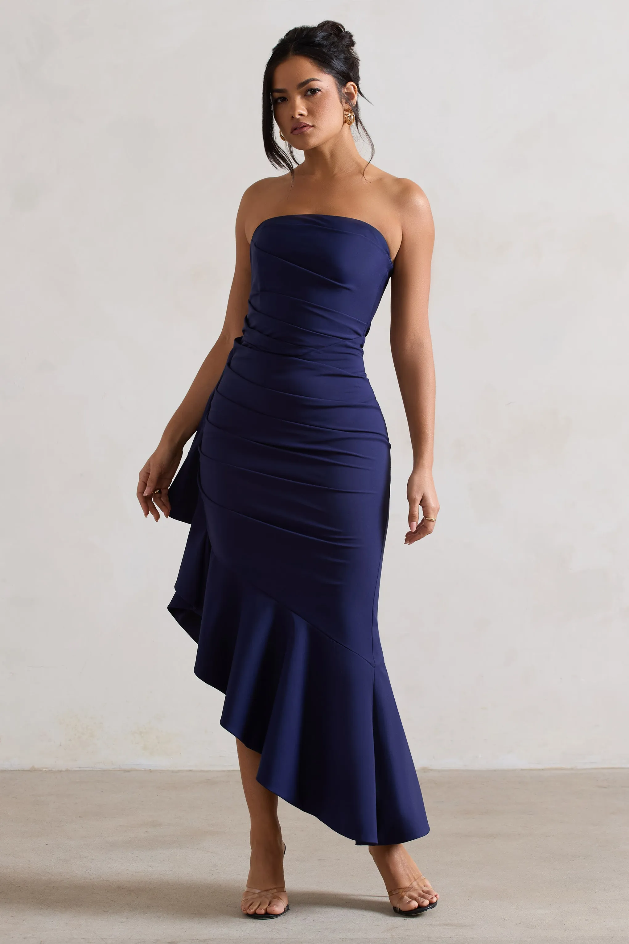 New Age | Navy Strapless Asymmetric Ruffled Maxi Dress sold by Club L London