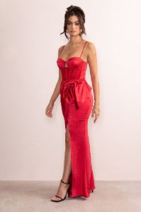 Odette | Red Satin Sweetheart Corset Bow Detail Maxi Dress sold by Club L London