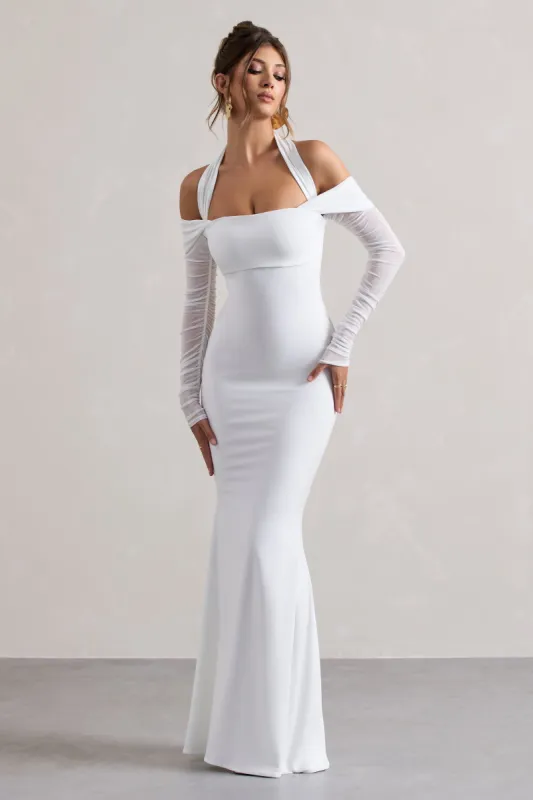 Malisha | White Halter-Neck Long-Sleeve  Maxi Dress sold by Club L London