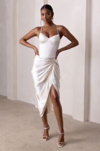 Unrivalled | Off White Satin High Waist Thigh Split Midi Skirt sold by Club L London